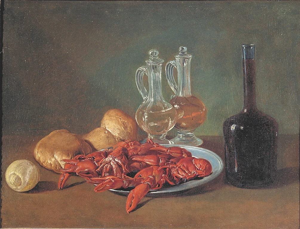 Giacomo Ceruti, il Pitocchetto - 161, Natura morta con piatto di peltro, gamberi, limone, ampolle di vetro, pane e bottiglia di vino